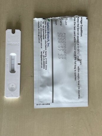 the picture shows a typic COVID quick test with the a positive result (the two stripes are visible). Next to its packaging bag that shows the test is still valid and not expired.