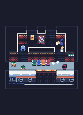 top-down pixel art scene of three creatures reacting with surprise to the player stumbling upon them on a subway station platform
