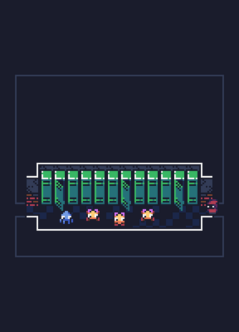 top-down pixel art scene of four small monsters confront the player in a subway station maintenance corridor lined with lockers