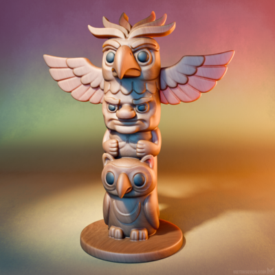 Blender 3D rendering, showing a stylized, wooden, multi-head tiki totem pole against a colorful background.
