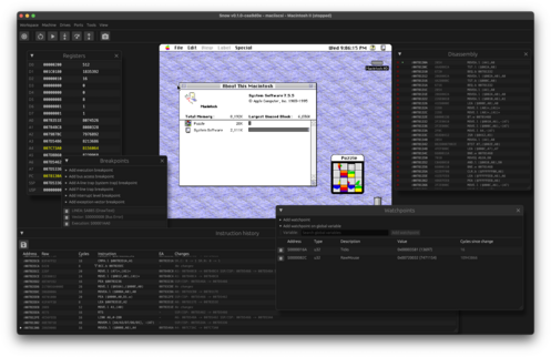 A screen capture of the new “Snow” Mac emulator, that came from its website. It depicts an emulated Mac in the centre of the main window, with a number of floating windows surrounding it: registers, breakpoints, instruction history, watchpoints, and disassembly.