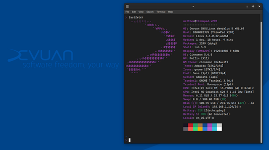 fastfetch screenshot - Devuan 5 on a ThinkPad X270