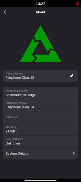A screenshot from the "About" menu showing postmarketOS edge on a Fairphone 6.