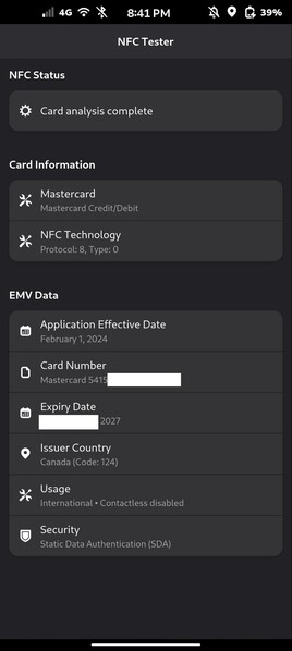 NFC tester tool for the FLX1 scanning a EMV card
The card info here is from a deactivated card that still transmits data