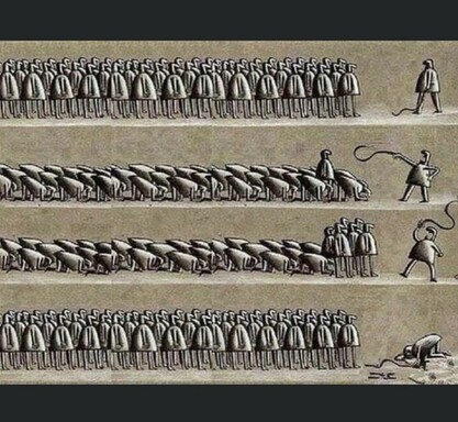 4 layer illustration of fighting back against tyranny
1st layer: crowd of people facing one person with a whip
2nd layer: person cracks the whip and all but one person bows down
3rd layer: more people stand in opposition, person with whip is angry and cracks harder
4th layer: all the people stand in opposition, the person with the whip bows down