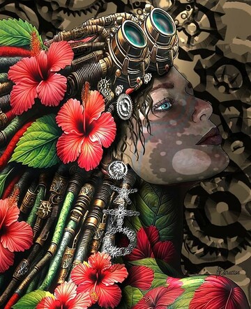 Woman Dreadlocks And Red Hibiscus Flowers by Joan Stratton - paintingsbyjoan.com

A steampunk-inspired female figure is adorned with gear-shaped accessories and brass goggles atop her head. She is fierce and determined, nothing phases her. Vivid red hibiscus flowers, her favourite are twisting into her dreadlocks, and she has adorned her body with tattoos of them sleeving her arms and neck. Flashes of strong red and greens contrasting with the mechanical components that are integrated into her attire and background.

Ether Art – A hand-drawn drawing / painting using the exciting modern art form, where art is created from scratch using a computer in lieu of a real canvas and paint, water colour, pastel, pencil, charcoal etc I create digital art from the ether, exactly the same as if I was starting with a blank canvas.