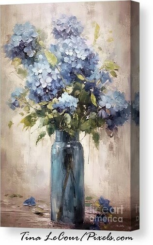 This is a canvas still life of some pretty painted blue hydrangea flowers in a blue glass vase against a soft textured beige background.