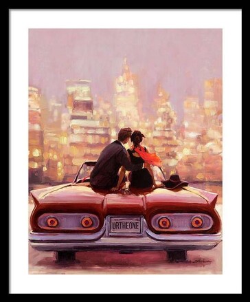 Framed print of an artwork featuring a couple sitting atop their convertible, overlooking the lights of New York City.,