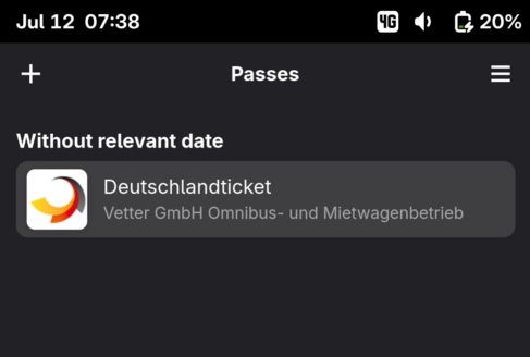 Screenshot of the Linux mobile app Passes showing one entry in the wallet, rail passport Deutschlandticket