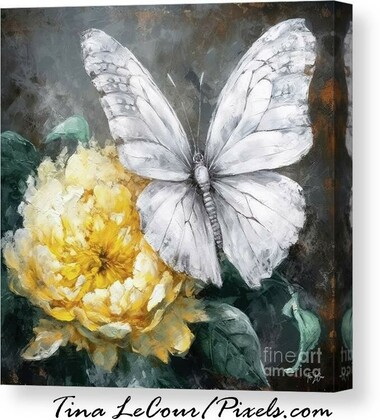 This is a canvas of a pretty white butterfly hovering over a soft yellow peony flowers against a textured gray background.