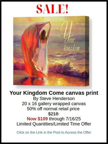 Canvas art print, Your Kingdom Come, on sale for limited time through 7/16/25. Image of art shows a young woman standing at the beach at sunset, arms raised in joy.