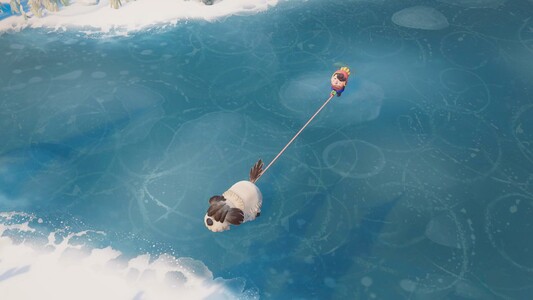 A screenshot of the Blender game Dogwalk. A little boy with his dog walking on a frozen lake.
