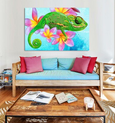 Bright pink and yellow plumeria on a blue watercolor background with a bright green chameleon looking at you by artist Sharon Cummings.