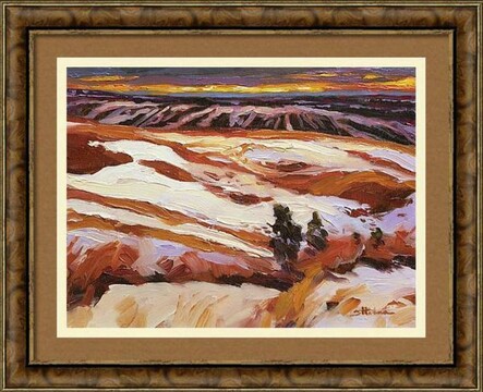 Framed print of an original oil painting depicting rolling farm hills at sunset. It is early spring, and snow still clings to their surface.