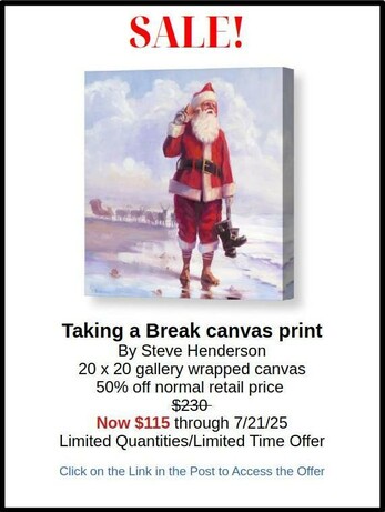 Poster showing canvas print image of Santa Claus at the beach, holding a shell, with writing describing a sale of the image.
