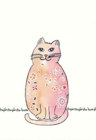 Cute Decorated Cat watercolor line and wash. This sweet kitty looks ready for spring, wearing fur decorated with flowers, leaves, vines and hearts. Whimsical illustration of a smiling feline.
