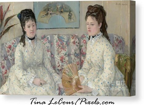 This is a remastered painting by french painter Berthe Morisot 1869/ Oil on canvas which consists of two sisters dressed in matching dresses sitting on a floral ornate sofa fanning themselves.