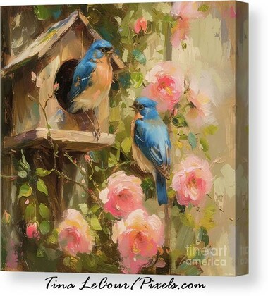 This is a canvas of a pair of pretty eastern bluebirds perched on a bird house with soft pink roses.