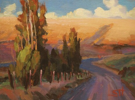 Art print of an original oil painting depicting a gravel road winding through the farm hills of the country.