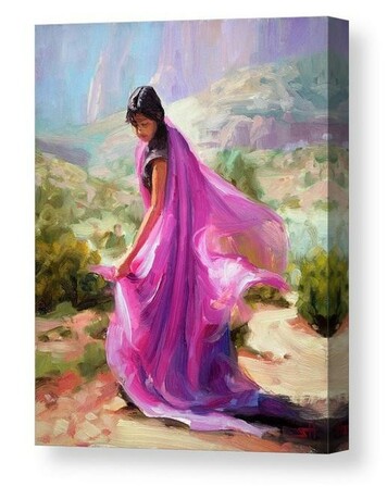 Canvas print of an original oil painting depicting a young woman, wrapped in pink cloth, quietly dancing in a desert setting.