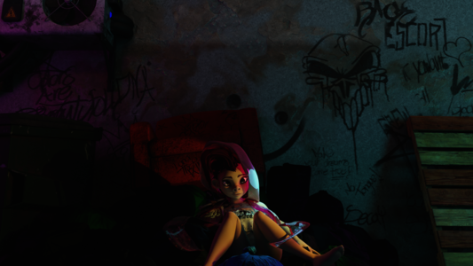 My Punk Mink, name to be determined, Cyberpunk setting Original Character reclining in a pile of garbage, mostly trash bags.  She is seated between a trash bin and a pile of pallets within a dark grungy alleyway.  She is wearing a cropped t shirt that looks as if it was sewn together by a hodgepodge of found fabrics.  Her panties not visible on camera look about the same.  Overtop her shirt she wears a red hooded raincoat.  All three clothing pieces sport popculture and fantasy references.  Among the references is a interpretation of the "The Lost Boys" movie poster, fairies, skulls, wolves, and roses.  The roses are made of a golden material like golden vinyl stickers.  Her legs are bare, knees pointed towards the night sky, and she sits dejectedly amongst the trash.  She wears a vacant if not depressed expression on her face, as if she has no other thought then that this is where she belongs.  Front on camera view.