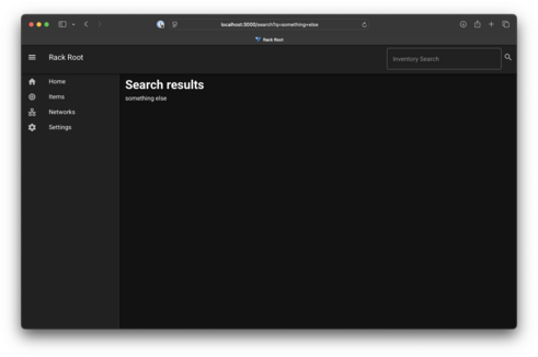 Screenshot of Rack Root, my home lab inventory project. This page shows that the data going into the search box is properly being returned to the user.