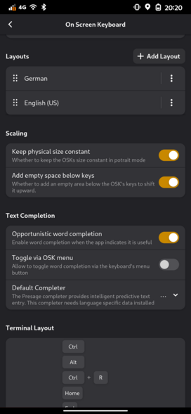 A screenshot of phosh-mobile-settings's OSK panel. It shows two switches to configure the keyboard's scaling: 
- keep physical size constant
- add empty space below keys