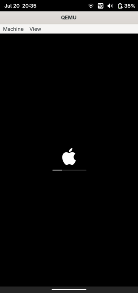 Screenshot of QEMU application running on mobile Linux Gnome desktop. Inside the QEMU window is a black screen with the white Apple logo in the center with a progress bar below