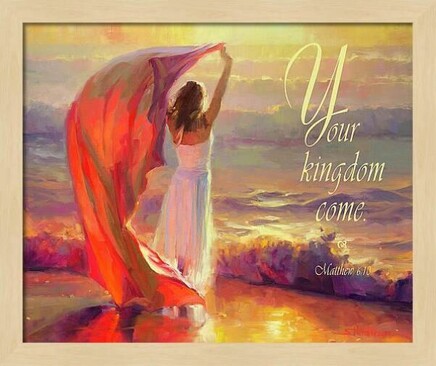 Framed print of an original oil painting that has had writing digitally added, of a young woman standing at the seashore, arms outstretched.