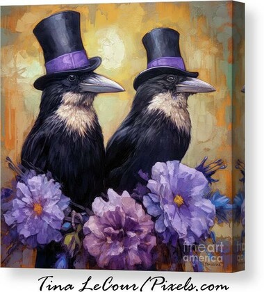 This is a canvas of a pair of whismical raven birds wearing black top hats with a purple trim perched in some purple flowers against a yellow textured background.