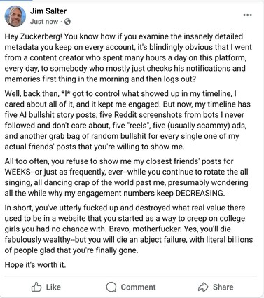 Hey Zuckerberg! You know how if you examine the insanely detailed metadata you keep on every account, it's blindingly obvious that I went from a content creator who spent many hours a day on this platform, every day, to somebody who mostly just checks his notifications and memories first thing in the morning and then logs out? 

Well, back then, *I* got to control what showed up in my timeline, I cared about all of it, and it kept me engaged. But now, my timeline has five AI bullshit story posts, five Reddit screenshots from bots I never followed and don't care about, five "reels", five (usually scammy) ads, and another grab bag of random bullshit for every single one of my actual friends' posts that you're willing to show me. 
All too often, you refuse to show me my closest friends' posts for WEEKS--or just as frequently, ever--while you continue to rotate the all singing, all dancing crap of the world past me, presumably wondering all the while why my engagement numbers keep DECREASING.

In short, you've utterly fucked up and destroyed what real value there used to be in a website that you started as a way to creep on college girls you had no chance with. Bravo, motherfucker. Yes, you'll die fabulously wealthy--but you will die an abject failure, with literal billions of people glad that you're finally gone.

Hope it's worth it.
