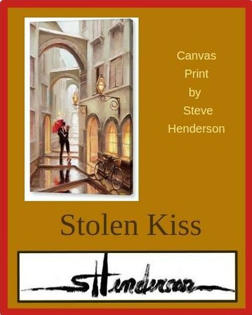 Canvas print of an original oil painting depicting a couple in an Italian alleyway, kissing.