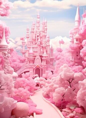 Artwork of a castle in the clouds and everything is Mostly different pinks