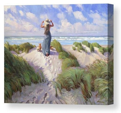 Canvas print of an original oil painting depicting a young woman standing atop a sand dune, looking out over the ocean.