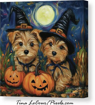 This is a whimsical canvas of a pair of yorkie puppies dressed with witches hats posing in front of some autumn pumpkings during a full autumn moon.
