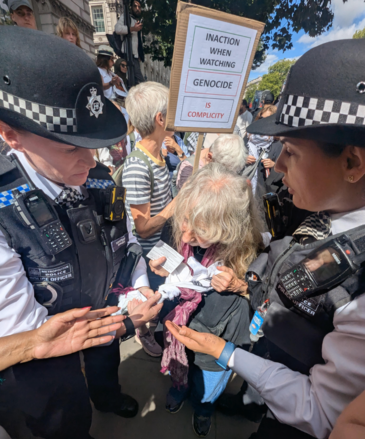 A clearly looking old woman is surrounded by two female police officers, on her back more people holding a sign saying "INACTION WHEN WATCHING GENOCIDE IS COMPLICITY"