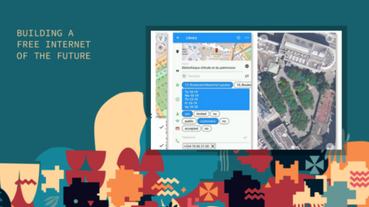 The image shows a promotional graphic with the text “BUILDING A FREE INTERNET OF THE FUTURE” on the left side. In the center, there is a screenshot of a mapping application displaying details of a library, including its address, opening hours, and accessibility options, alongside a satellite view of the surrounding area. The background features abstract, colorful, geometric patterns at the bottom.