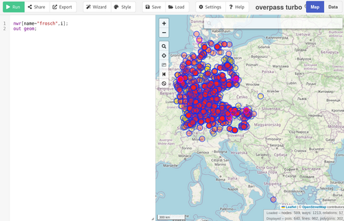 Screenshot von overpass-turbo mit der Anfrage

nwr[name~"frosch",i]; out geom;

Rechts sind auch die Ergebnisse auf einer Karte zu sehen. Deutschland ist mit Ergebnissen gefüllt, sowie größere Teile der Schweiz und Österreich. Es gibt auch vereinzelte Ergebnisse anderswo.