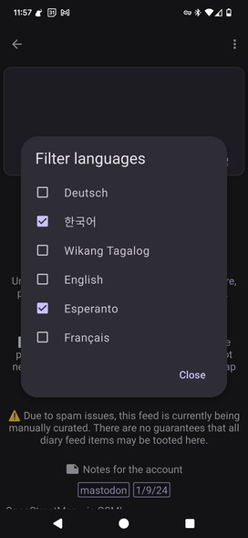 An image of the language selector for filtering a subscription based on language in the Fedilab app.
