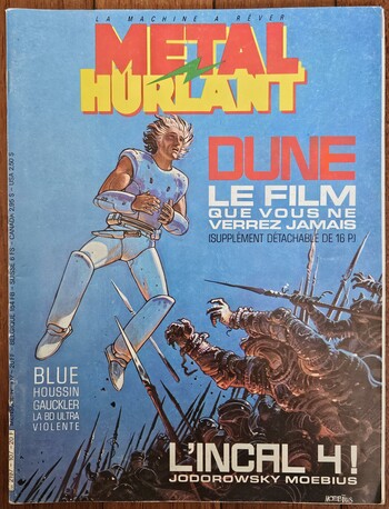 The cover of Métal Hurlant, january 1985 issue. Cover art featuring John Difool flying above an angry mob, by Moebius.